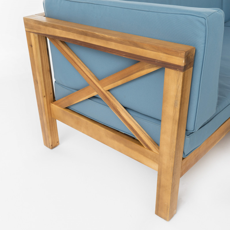 308431 Brava Outdoor 7 Seater Acacia Wood Sectional Sofa Set Teak Finish And Blue 4