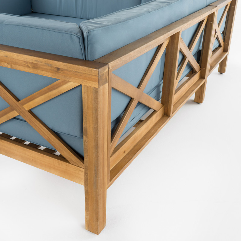 308431 Brava Outdoor 7 Seater Acacia Wood Sectional Sofa Set Teak Finish And Blue 5