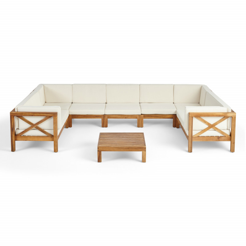 308435 Brava Outdoor 9 Seater Acacia Wood Sectional Sofa Set, Teak Finish and Beige