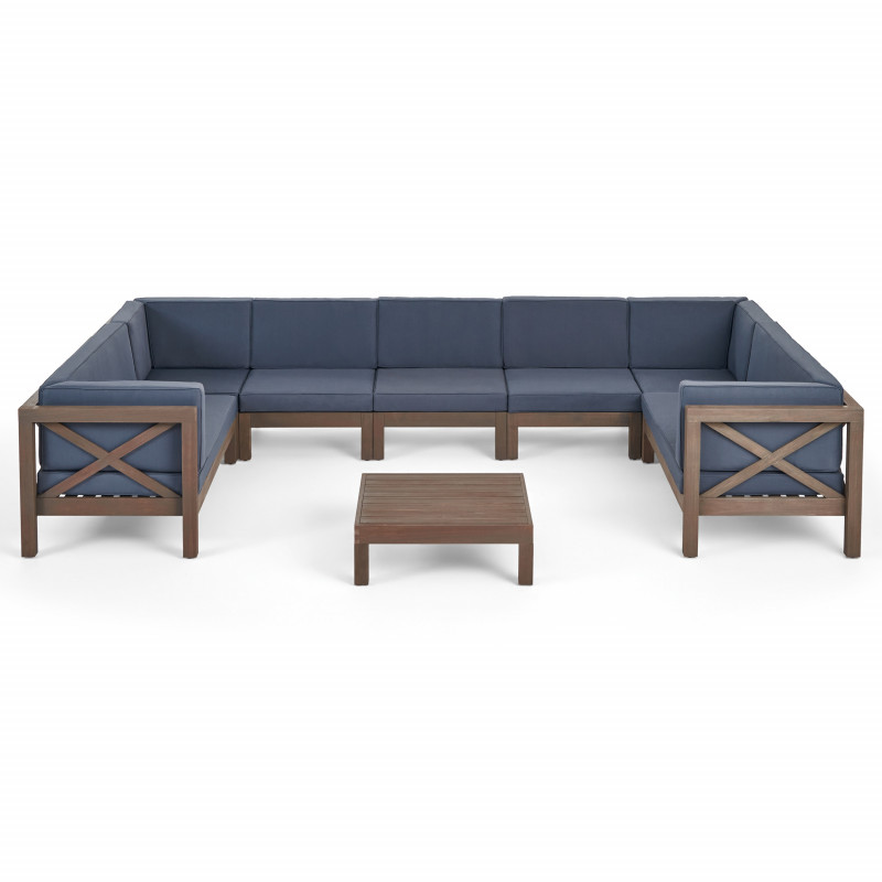 Brava Outdoor 9 Seater Acacia Wood Sectional Sofa Set, Gray Finish and Dark Gray
