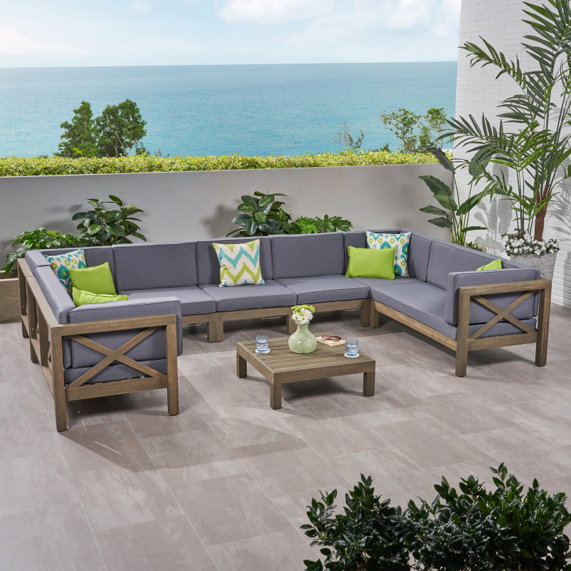 308437 Brava Outdoor 9 Seater Acacia Wood Sectional Sofa Set, Gray Finish and Dark Gray