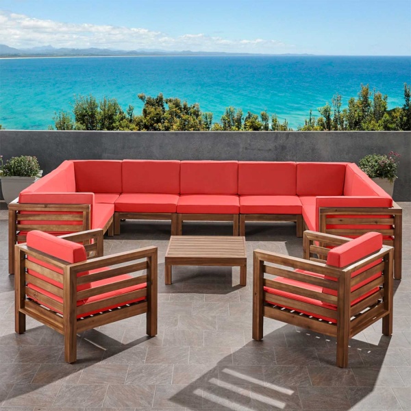 308443 Brava Outdoor 11 Seater Acacia Wood Sectional Sofa and Club Chair Set, Teak Finish and Red