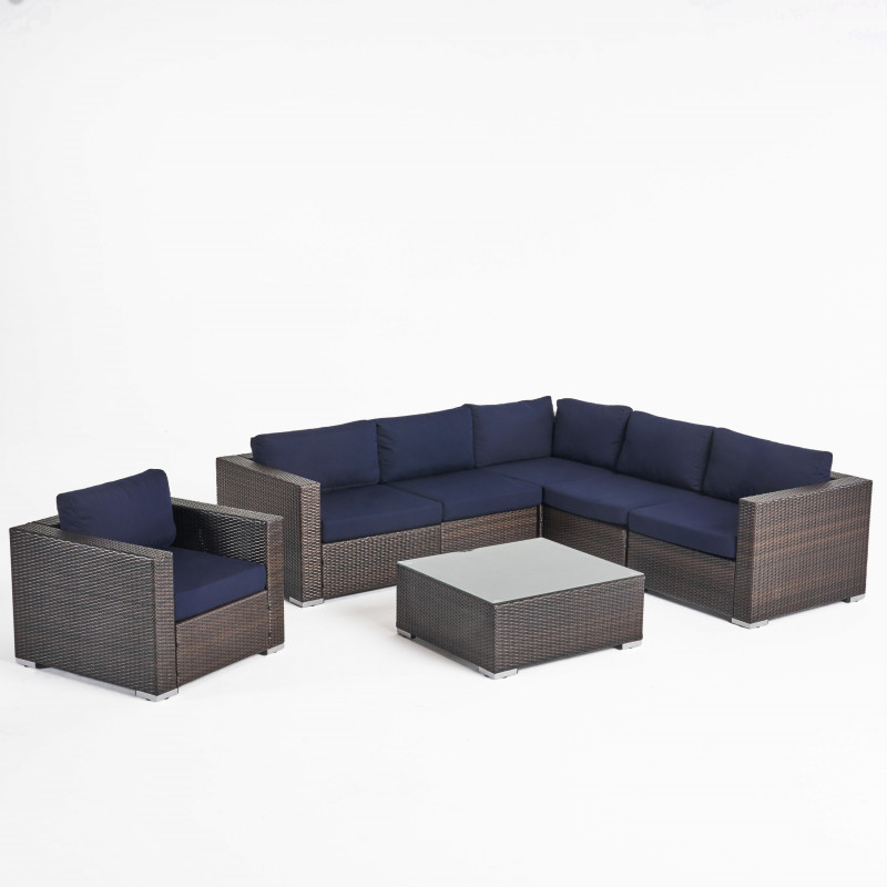 308511 Santa Rosa Outdoor 6 Seater Wicker Sectional Sofa Set with Sunbrella Cushions, Multibrown and Sunbrella Canvas Navy