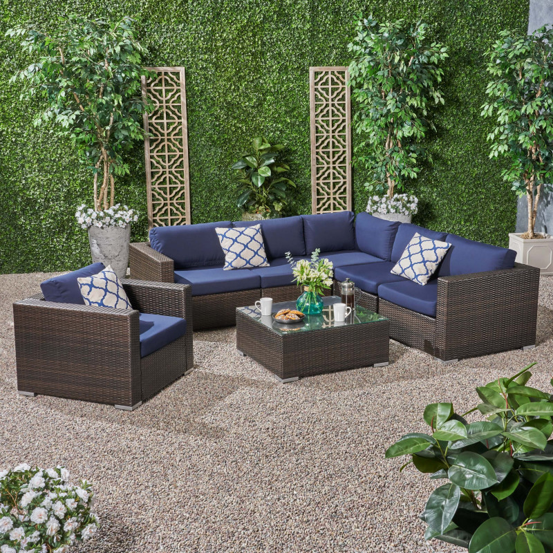 308511 Santa Rosa Outdoor 6 Seater Wicker Sectional Sofa Set with Sunbrella Cushions, Multibrown and Sunbrella Canvas Navy