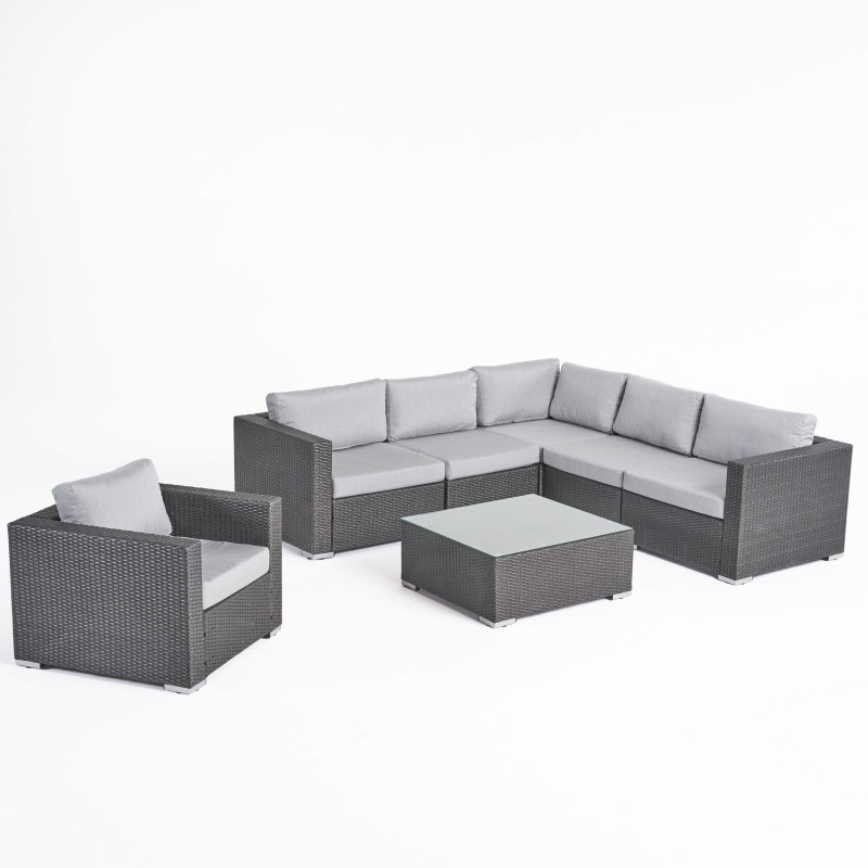 308512 Santa Rosa Outdoor 6 Seater Wicker Sectional Sofa Set with Sunbrella Cushions, Gray and Sunbrella Canvas Granite