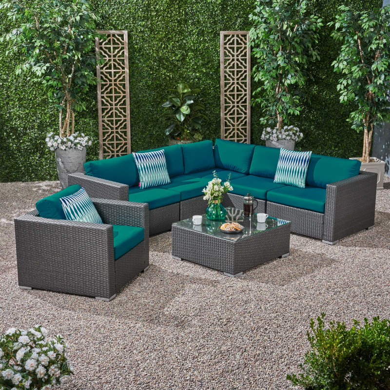 308513 Santa Rosa Outdoor 6 Seater Wicker Sectional Sofa Set with Sunbrella Cushions, Gray and Sunbrella Canvas Teal