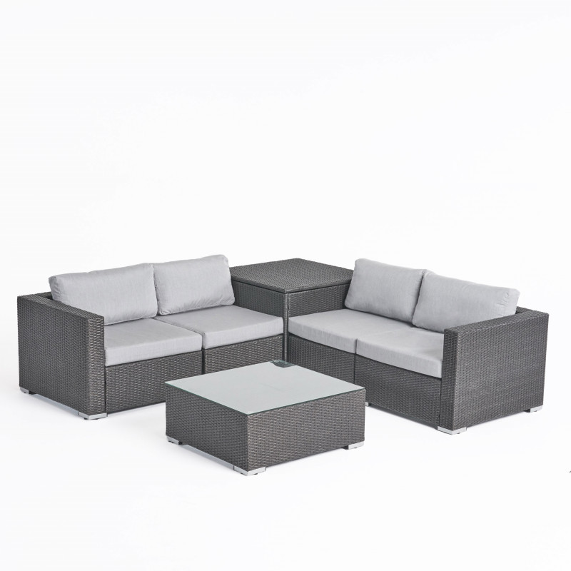 308516 Santa Rosa Outdoor 4 Seater Wicker Sofa Set with Storage Ottoman and Sunbrella Cushions, Gray and Sunbrella Canvas Granite