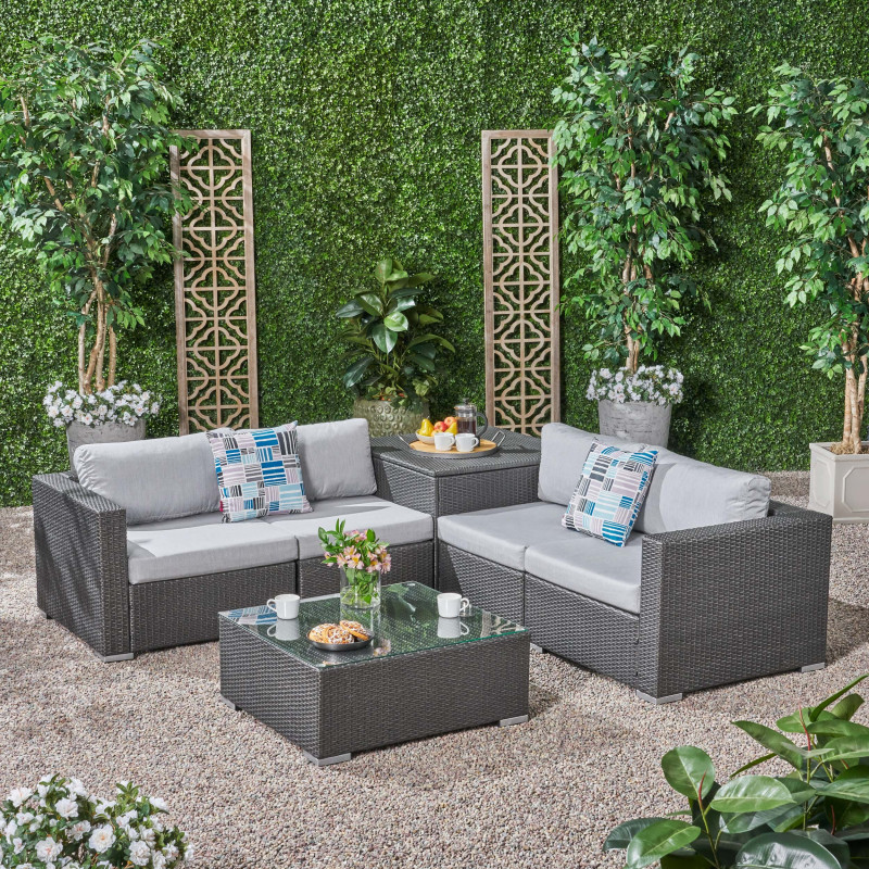 308516 Santa Rosa Outdoor 4 Seater Wicker Sofa Set with Storage Ottoman and Sunbrella Cushions, Gray and Sunbrella Canvas Granite