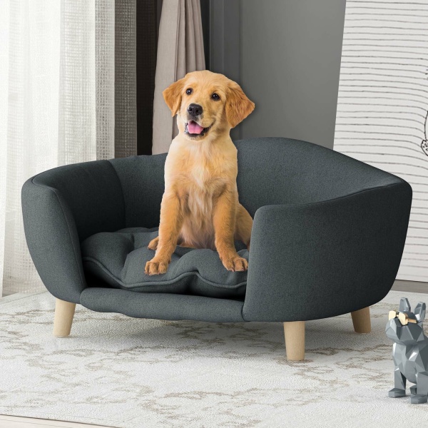 309201 Ferncliffe Mid Century Small Plush Pet Bed, Dark Gray and Natural Finish