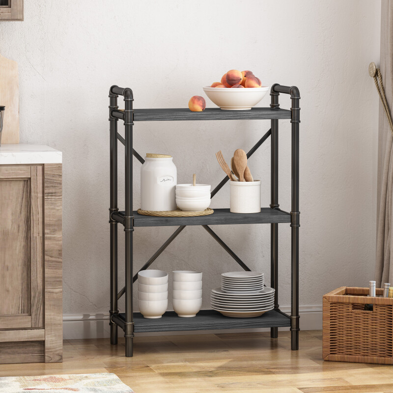 309211 Honeysuckle Industrial 3 Shelf Firwood Bookcase, Gray and Pewter