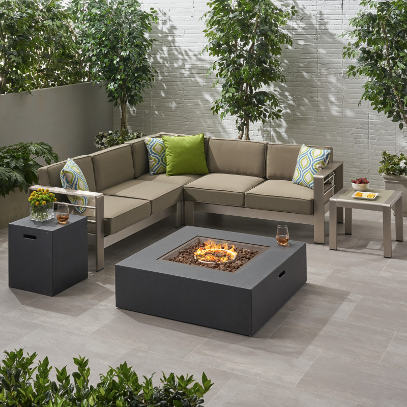 309588 Cape Coral Outdoor 5 Seater Aluminum Chat Set with Fire Pit, Silver and Dark Gray