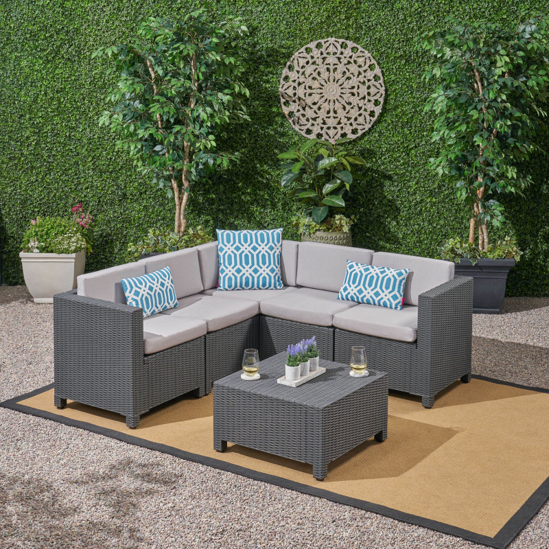 309601 Waverly Outdoor All Weather Faux Wicker 5 Seater Sectional Sofa Set with Cushions, Dark Gray and Gray