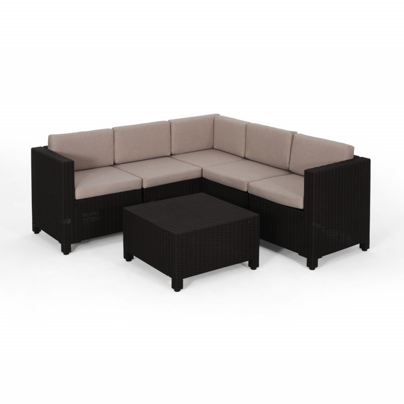 309602 Waverly Outdoor All Weather Faux Wicker 5 Seater Sectional Sofa Set with Cushions, Dark Brown and Beige