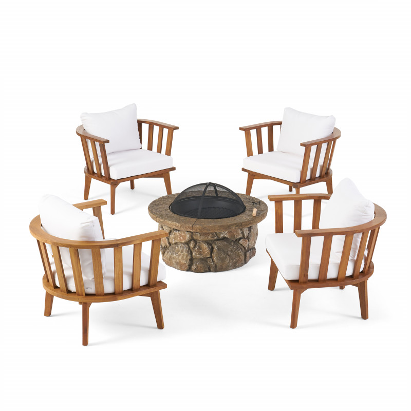 309619 Clarendon Outdoor Acacia Wood 4 Seater Club Chairs and Fire Pit Set, Teak and Stone