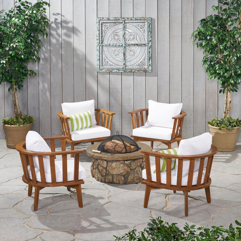 309619 Clarendon Outdoor Acacia Wood 4 Seater Club Chairs and Fire Pit Set, Teak and Stone