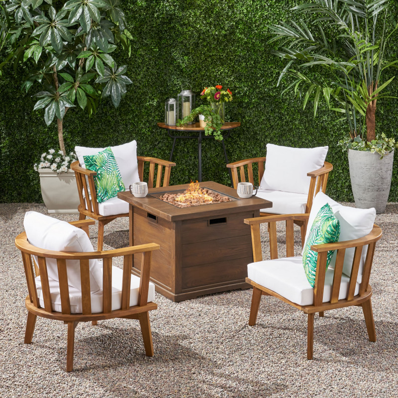 309631 Walson Outdoor Acacia Wood 4 Seater Club Chairs and Fire Pit Set, Teak and Brown