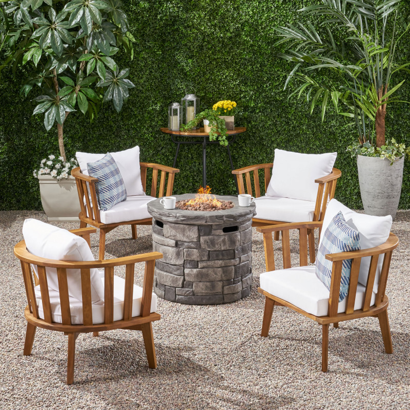309632 Whitehall Outdoor Acacia Wood 4 Seater Club Chairs and Fire Pit Set, Teak and Gray