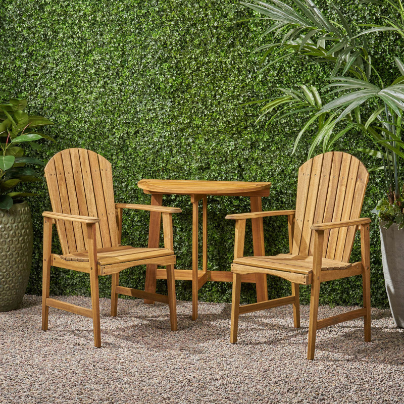 309820 Oso Outdoor 2 Seater Half-Round Acacia Wood Bistro Table Set with Adirondack Chairs, Natural