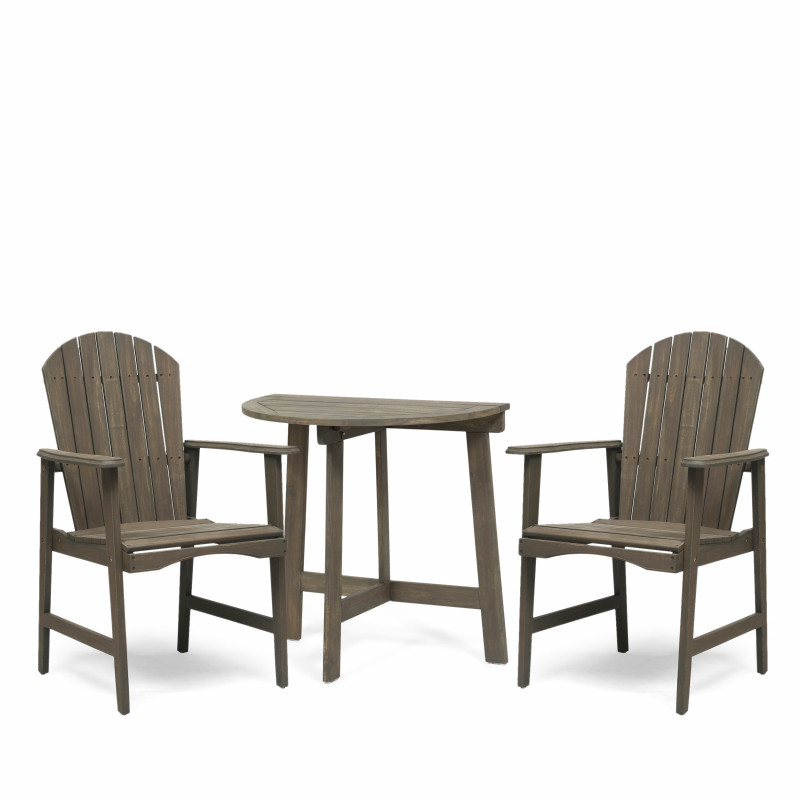 Oso Outdoor 2 Seater Half-Round Acacia Wood Bistro Table Set with Adirondack Chairs, Gray