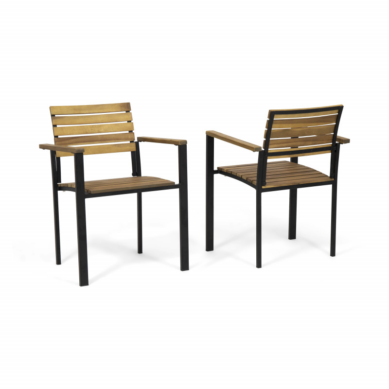 Laris Outdoor Wood and Iron Dining Chairs (Set of 2), Teak and Black