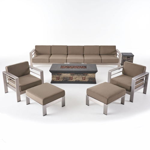 309869 Cape Coral Outdoor 7 Seater Extended Aluminum Chat Set with Fire Pit, Khaki and Stone