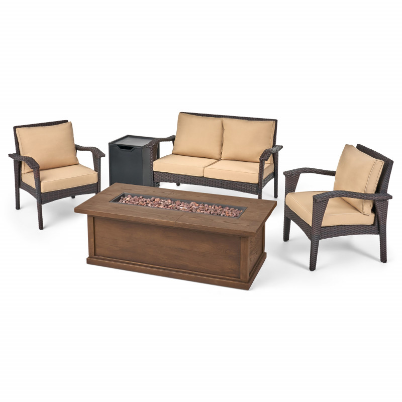 309941 Honolulu Outdoor 4 Seater Wicker Chat Set with Fire Pit, Brown and Tan