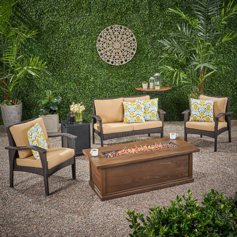 309941 Honolulu Outdoor 4 Seater Wicker Chat Set with Fire Pit, Brown and Tan