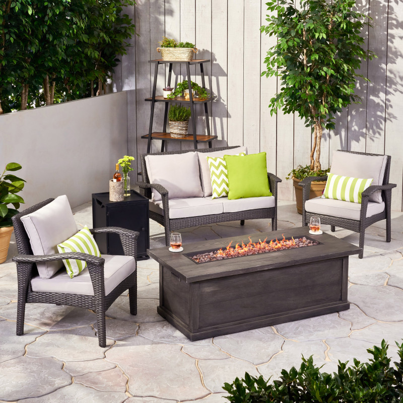 309942 Honolulu Outdoor 4 Seater Wicker Chat Set with Fire Pit, Gray and Light Gray