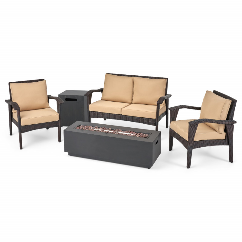 309943 Kahala Outdoor 4 Seater Wicker Chat Set with Fire Pit, Brown and Tan