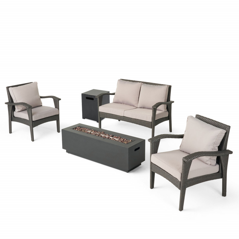 309944 Kahala Outdoor 4 Seater Wicker Chat Set with Fire Pit, Gray and Light Gray