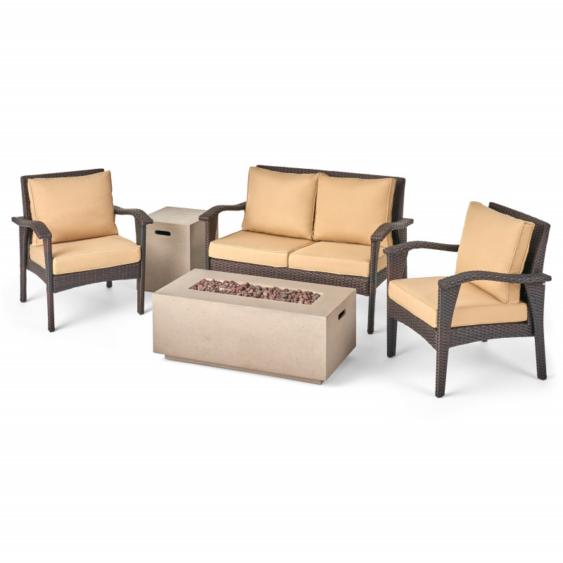 309945 Kalo Outdoor 4 Seater Wicker Chat Set with Fire Pit, Brown and Tan