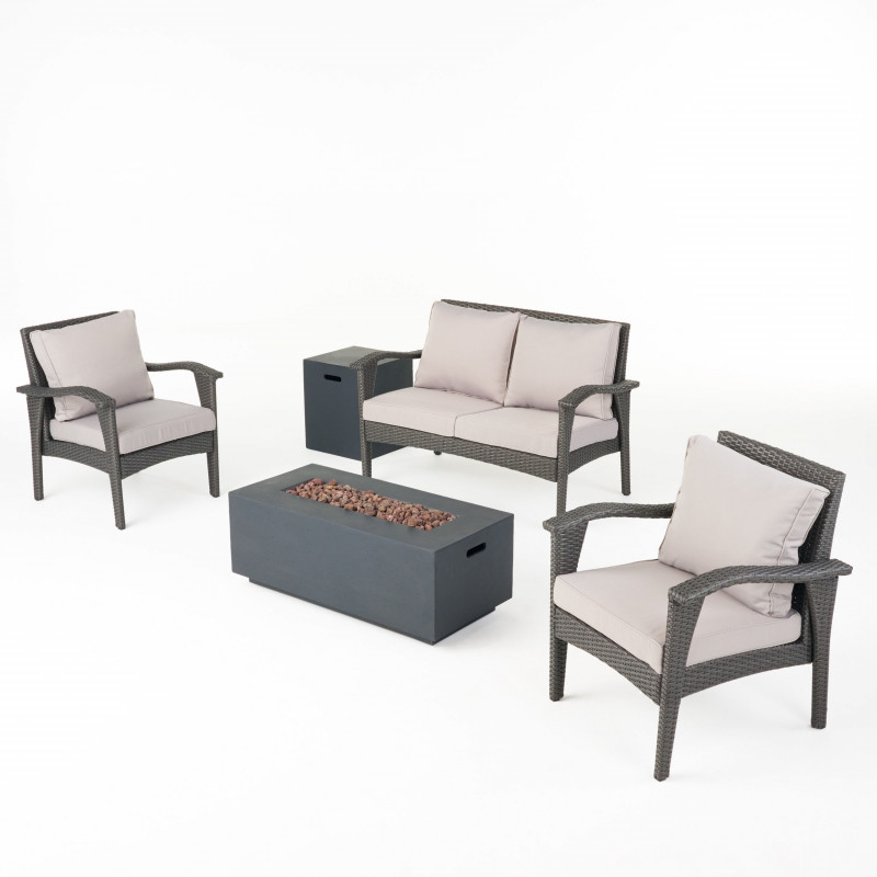 309946 Kalo Outdoor 4 Seater Wicker Chat Set with Fire Pit, Gray and Light Gray
