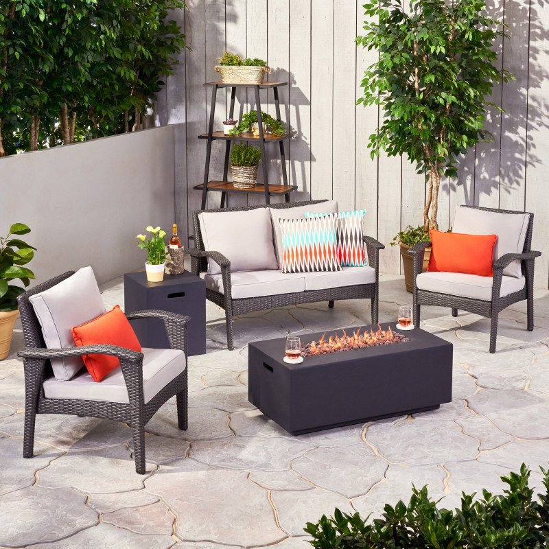309946 Kalo Outdoor 4 Seater Wicker Chat Set with Fire Pit, Gray and Light Gray