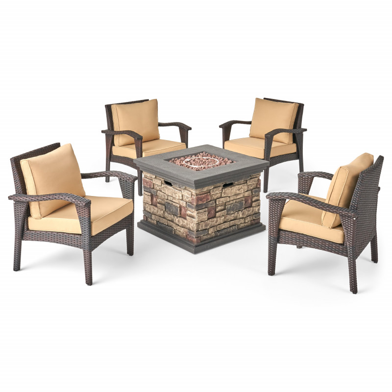 309947 Kaula Outdoor 4 Club Chair Chat Set with Fire Pit, Brown and Tan