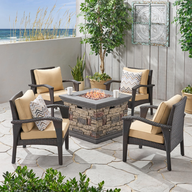 309947 Kaula Outdoor 4 Club Chair Chat Set with Fire Pit, Brown and Tan
