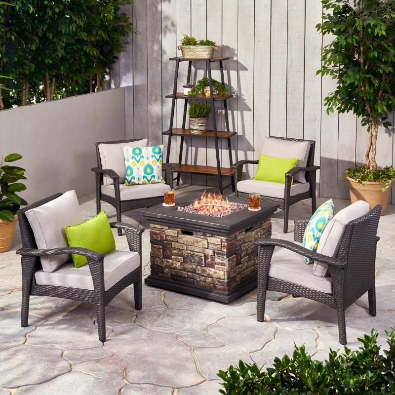 309948 Kaula Outdoor 4 Club Chair Chat Set with Fire Pit, Gray and Light Gray