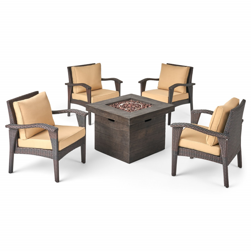 309949 Keana Outdoor 4 Club Chair Chat Set with Fire Pit, Brown and Tan