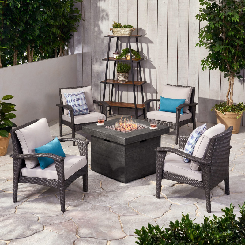 309950 Keana Outdoor 4 Club Chair Chat Set with Fire Pit, Gray and Light Gray
