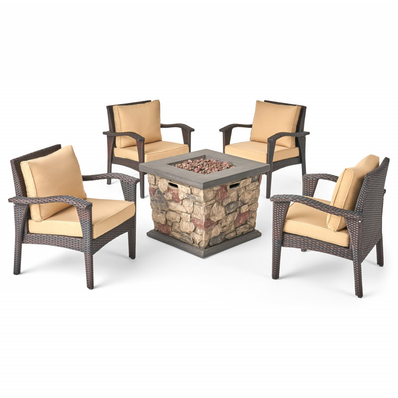 309951 Kanihan Outdoor 4 Club Chair Chat Set with Fire Pit, Brown and Tan