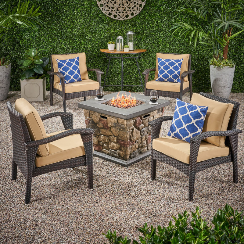309951 Kanihan Outdoor 4 Club Chair Chat Set with Fire Pit, Brown and Tan
