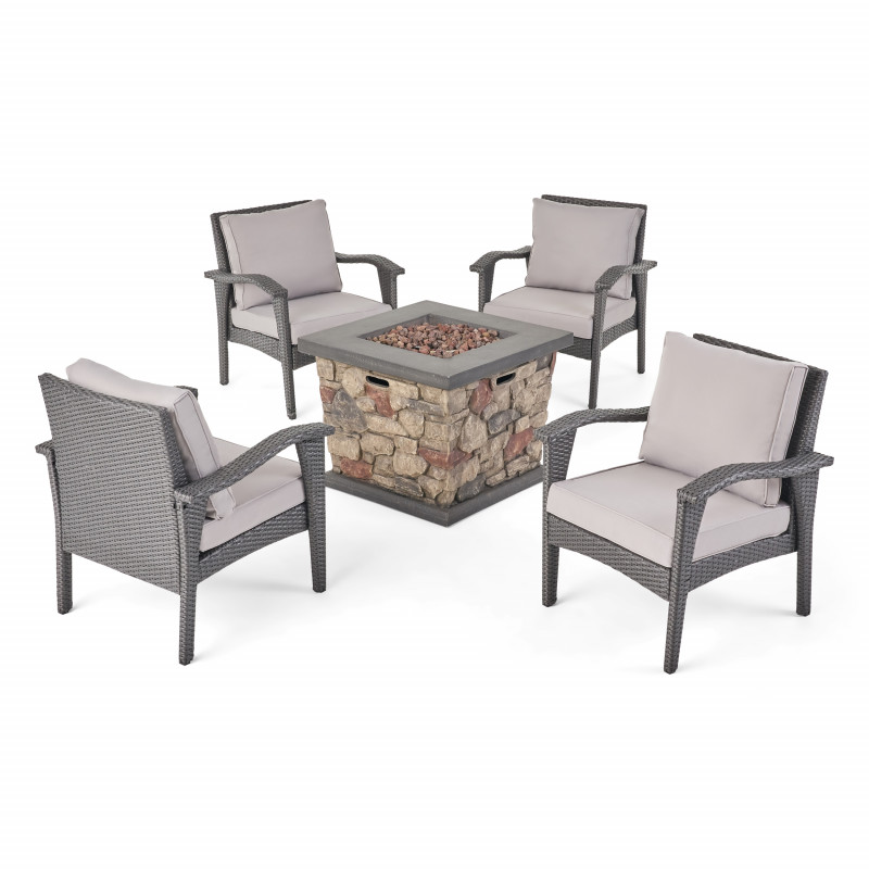 309952 Kanihan Outdoor 4 Club Chair Chat Set with Fire Pit, Gray and Light Gray