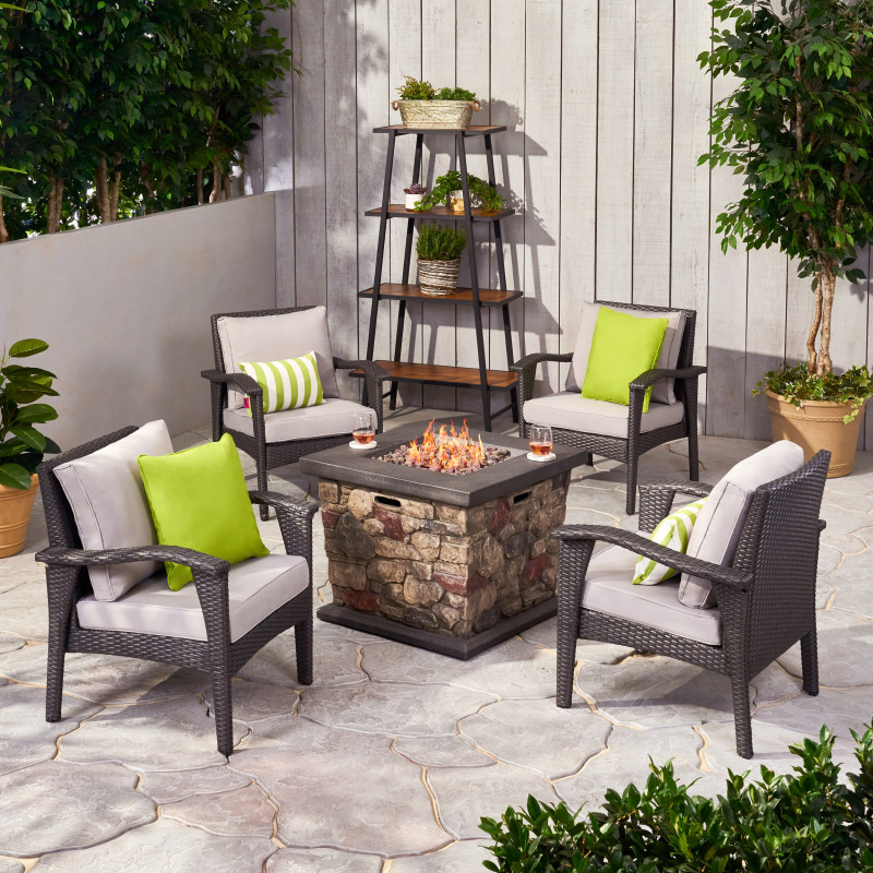 309952 Kanihan Outdoor 4 Club Chair Chat Set with Fire Pit, Gray and Light Gray