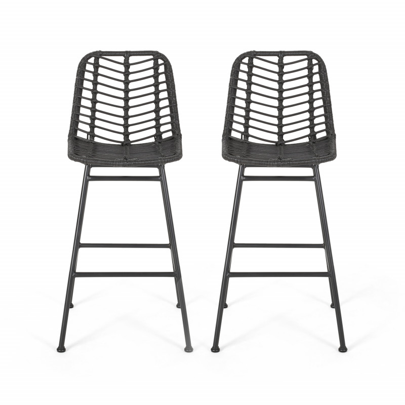 309981 Sawtelle Outdoor Wicker Barstools (Set of 2), Gray and Black