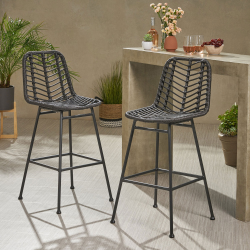 309981 Sawtelle Outdoor Wicker Barstools (Set of 2), Gray and Black