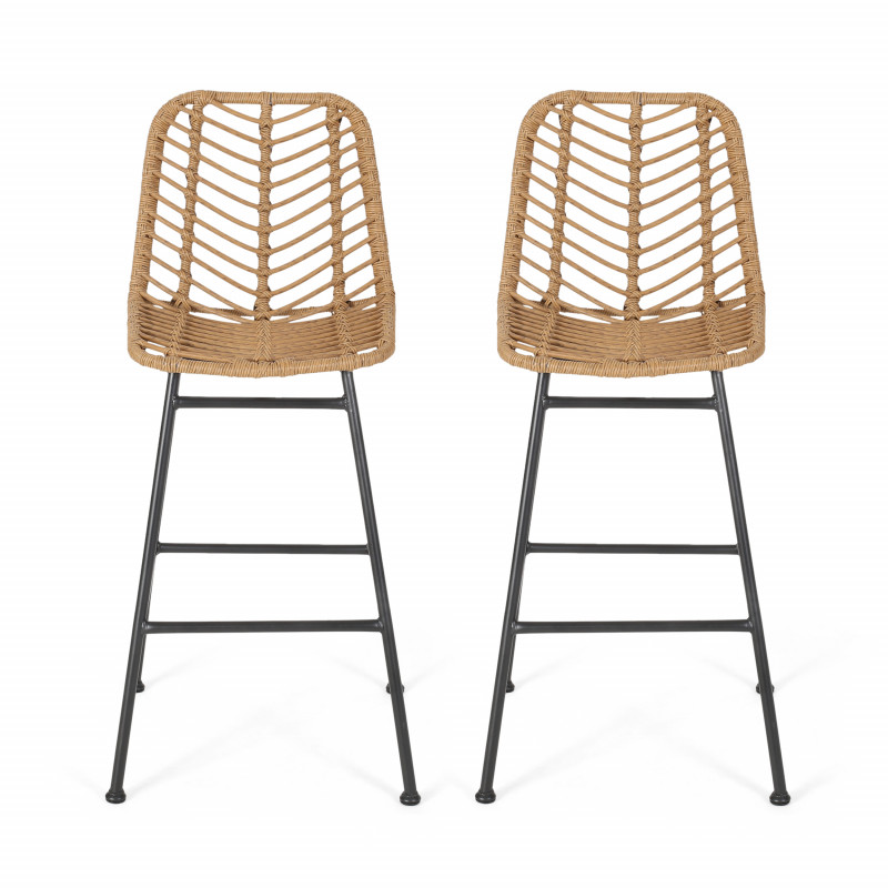309982 Sawtelle Outdoor Wicker Barstools (Set of 2), Light Brown and Black