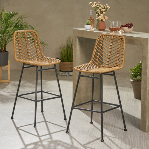 309982 Sawtelle Outdoor Wicker Barstools (Set of 2), Light Brown and Black