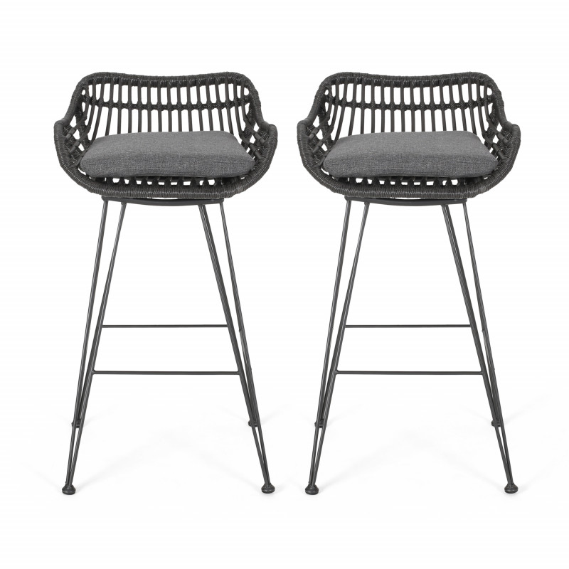 309983 Dale Outdoor Wicker Barstools with Cushions (Set of 2), Gray and Dark Gray