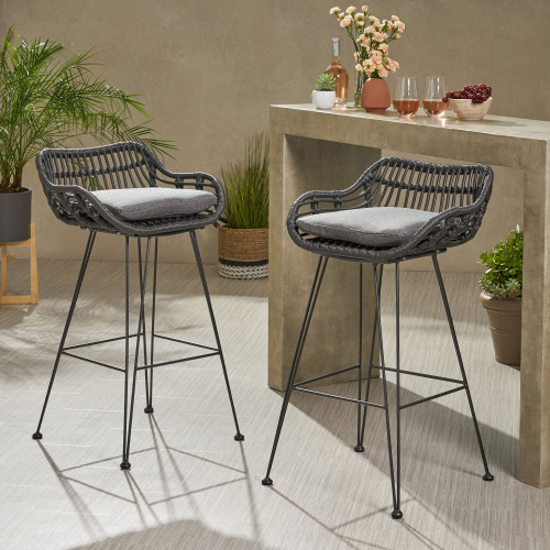 309983 Dale Outdoor Wicker Barstools with Cushions (Set of 2), Gray and Dark Gray
