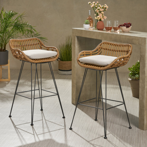 309984 Dale Outdoor Wicker Barstools with Cushions (Set of 2), Light Brown and Beige