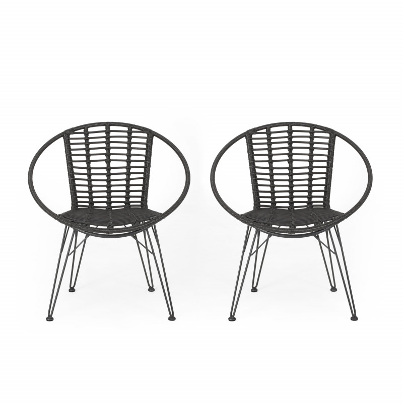 309985 Highland Outdoor Wicker Dining Chairs (Set of 2), Gray and Black